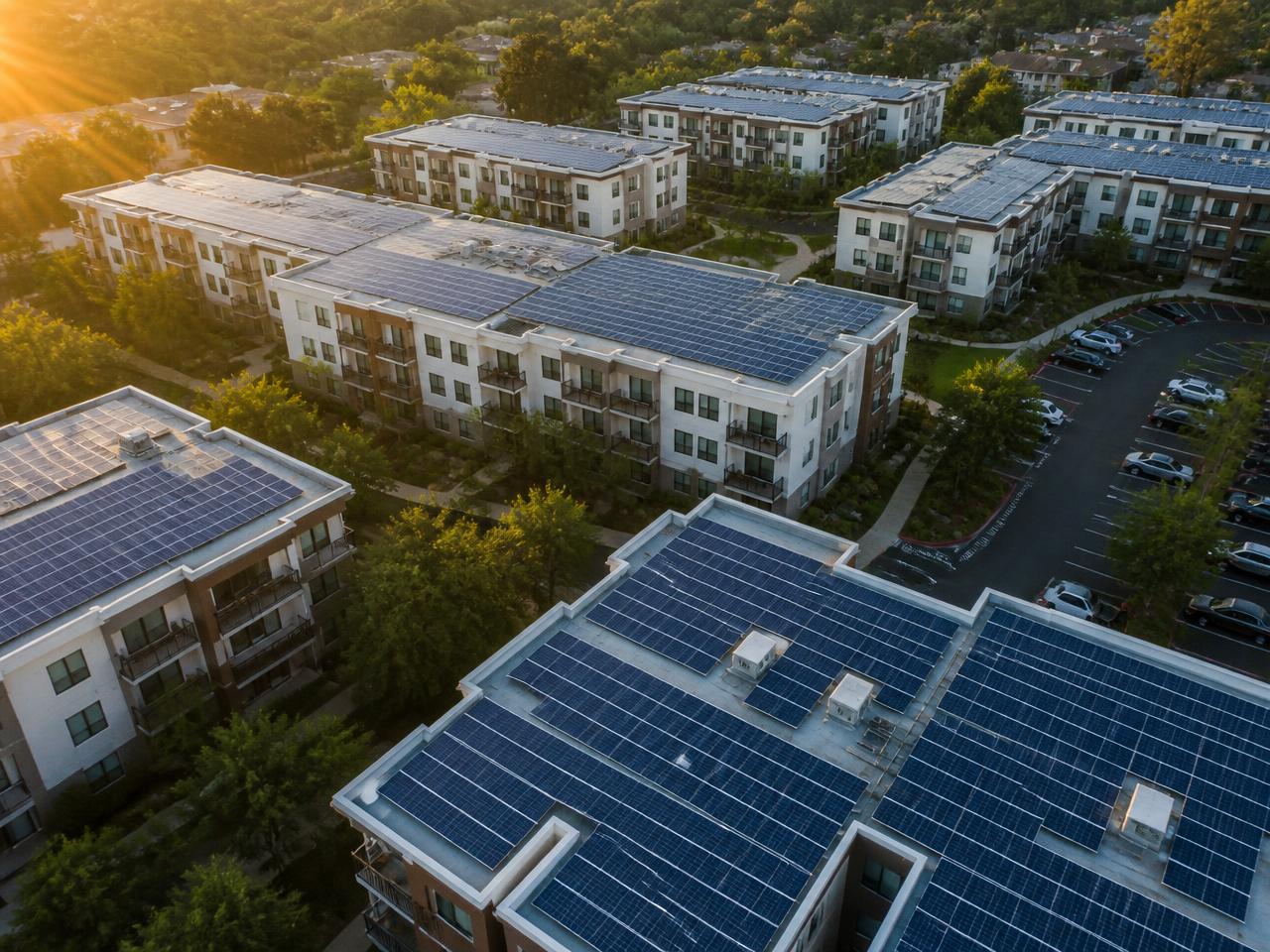 Aerial view of a multifamily apartment community with rooftop solar arrays on every building