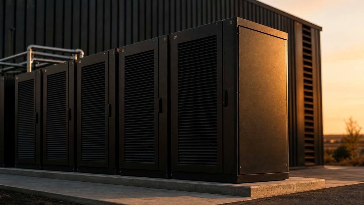 Battery energy storage cabinets beside a commercial building at sunset