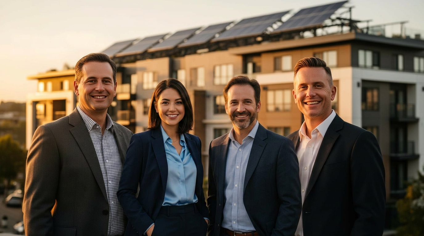 The NOI team in front of a multifamily building with rooftop solar